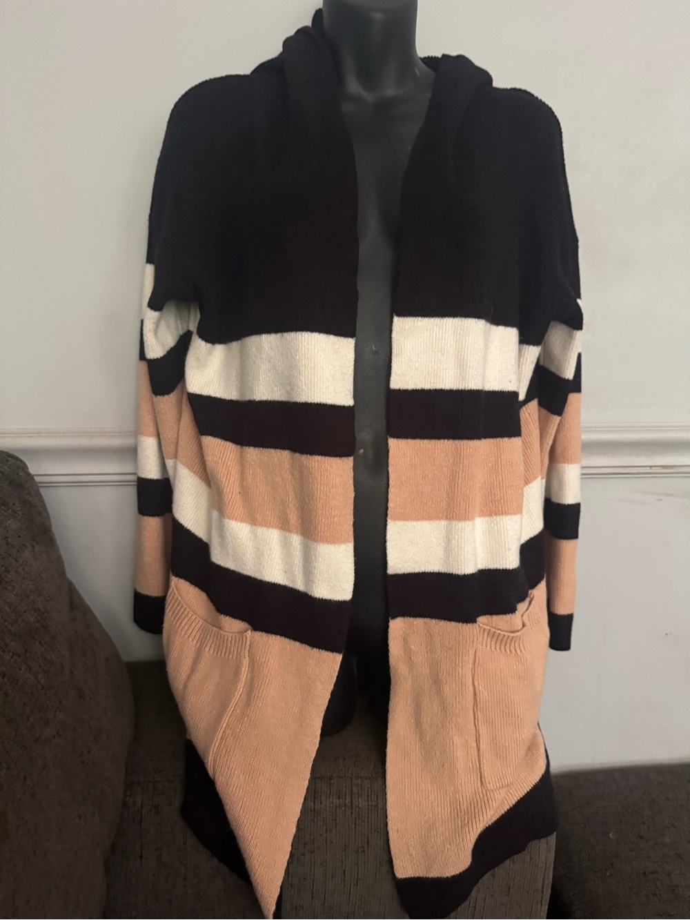 Vici Striped Hooded Open-Front Cardigan - Black, Cream & Tan